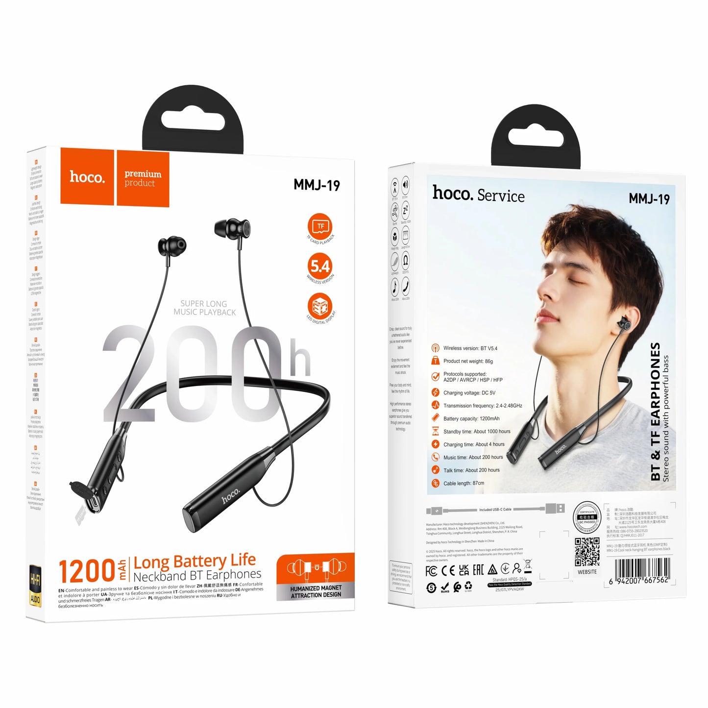 Hoco MMJ19 Long Battery Life Bluetooth Neck Mounted Earphone | 200-Hour Talk/Music Time