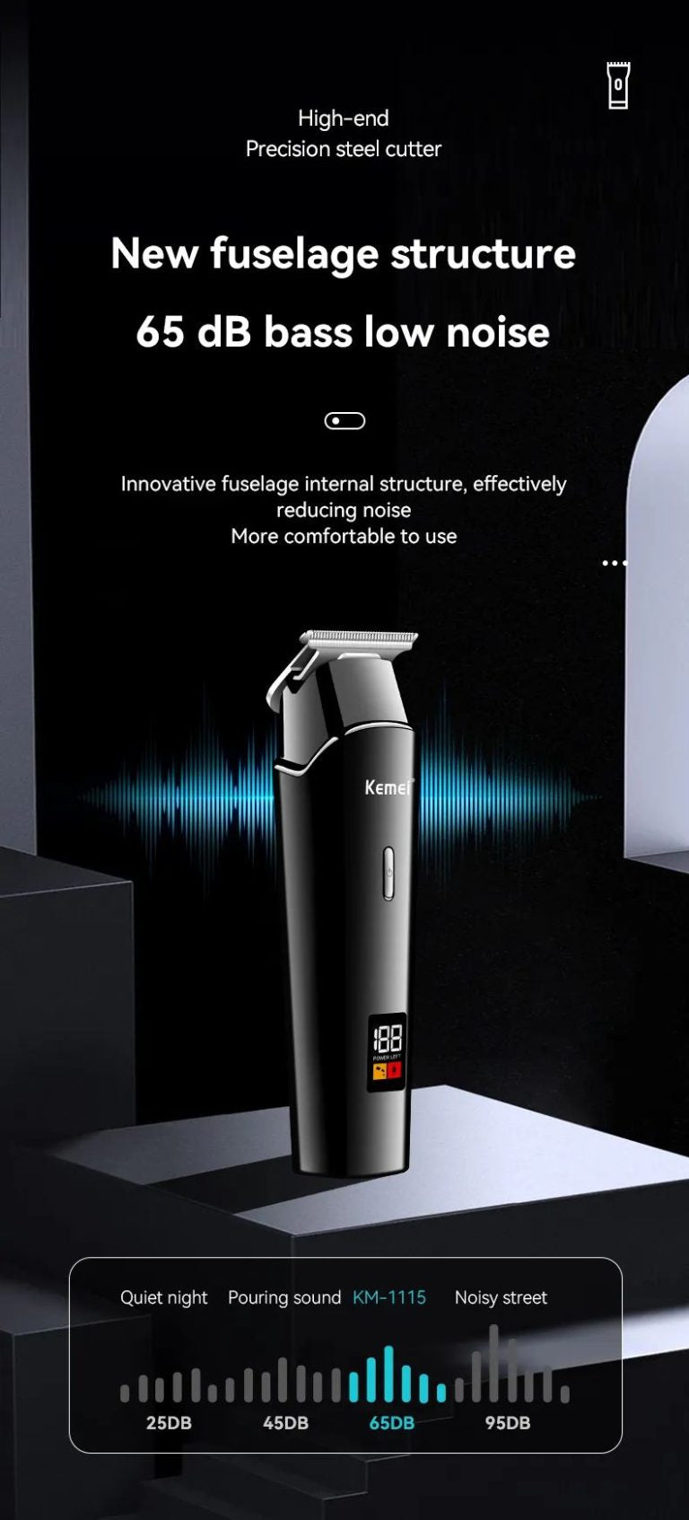 Kemei KM-1113 Professional Hair & Beard Trimmer with LCD Display – 1200mAh Battery, Stainless Steel Blade