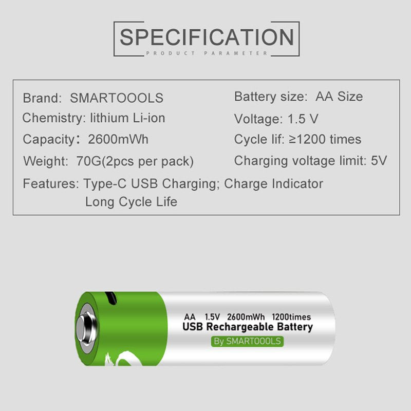 4x1 Pack USB Type-C Fast Charging Rechargeable Battery AA 1.5V