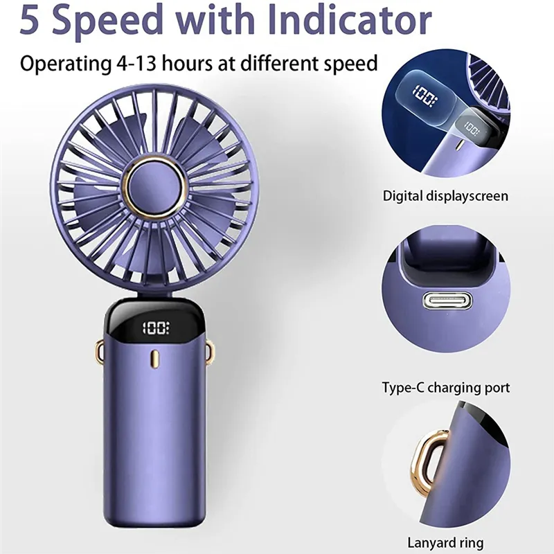 Portable Fan Personal Fan 5000MAh Rechargeable, 5 Speeds with LED Display, 90° Adjustable Multicolour