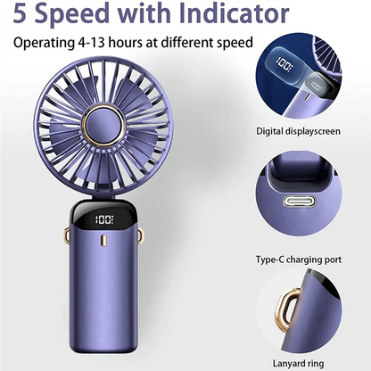 Portable Fan Personal Fan 5000MAh Rechargeable, 5 Speeds with LED Display, 90° Adjustable Multicolour